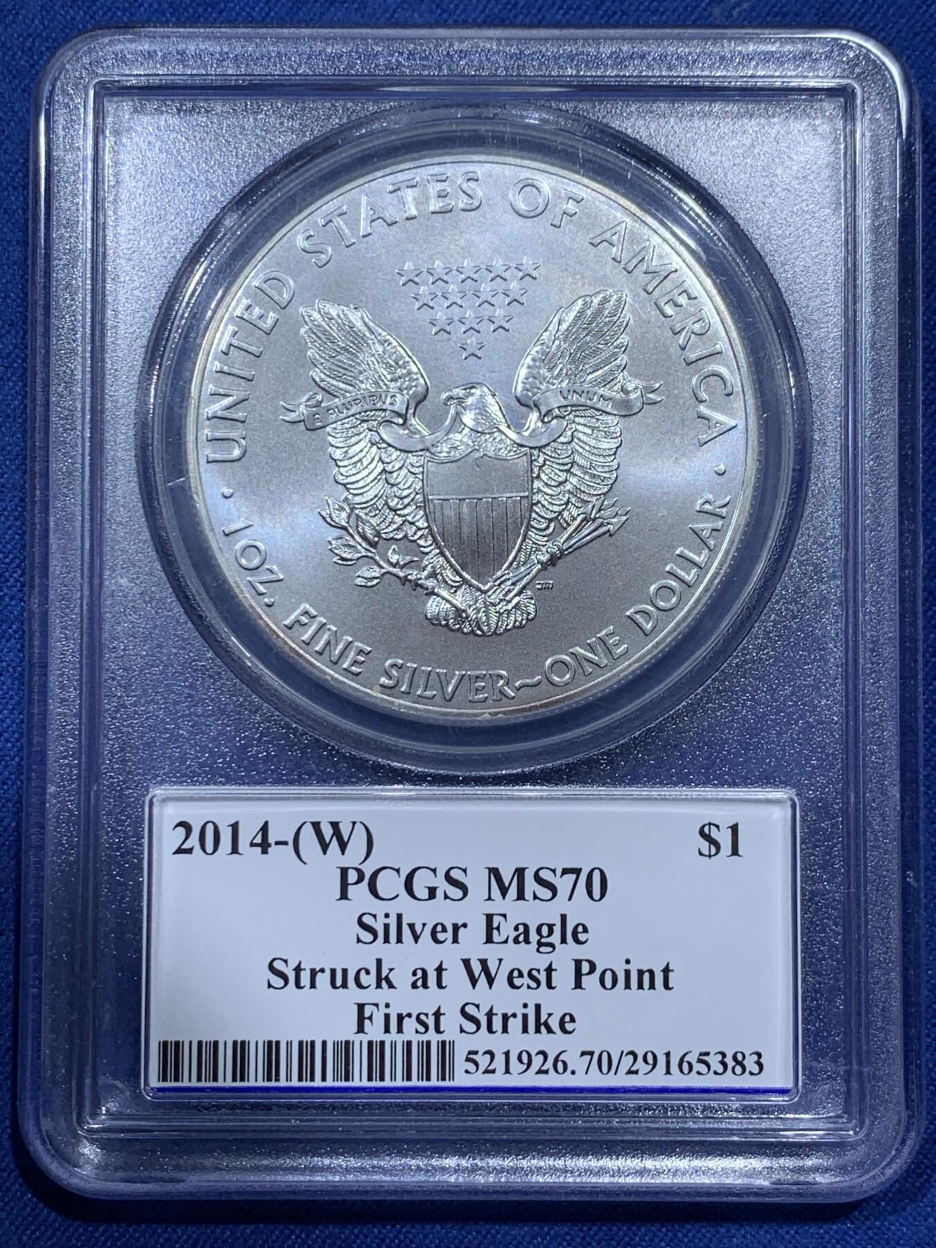 《竞宝斋》第336场 周日，周一 2场连拍 （全场包邮） PCGS MS70 美国2014年自由女神银币，西点军校纪念版，满分70分，特标签字版，签字“迈尔斯·斯坦迪什”。