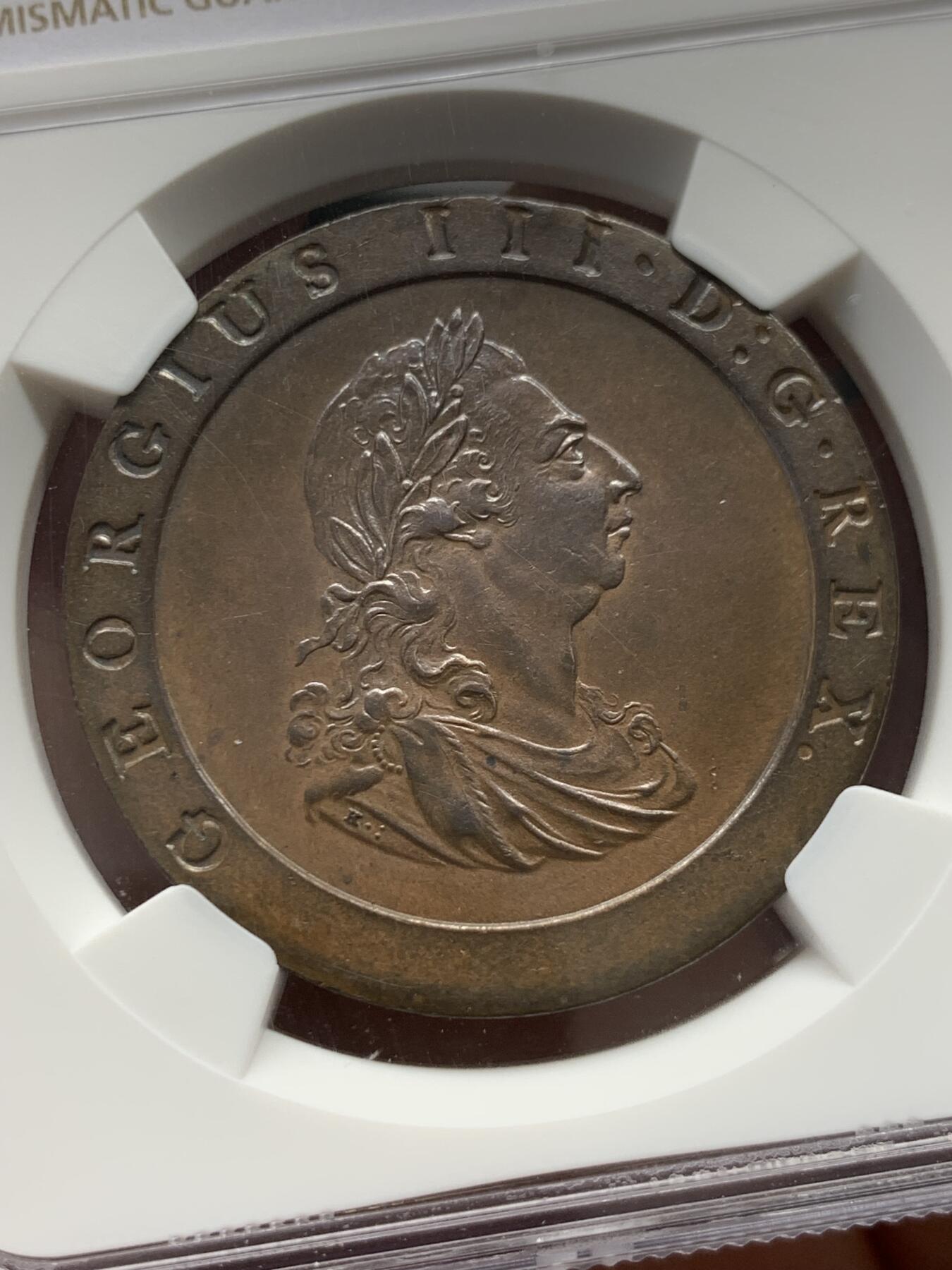 《竞宝斋》第336场 周日，周一 2场连拍 （全场包邮） NGC MS63BN 英国 1797乔三车轮便士 SOHO首次大规模工业化铸币的产品 现代铸币史里程碑 巧克力包浆 细节也好 