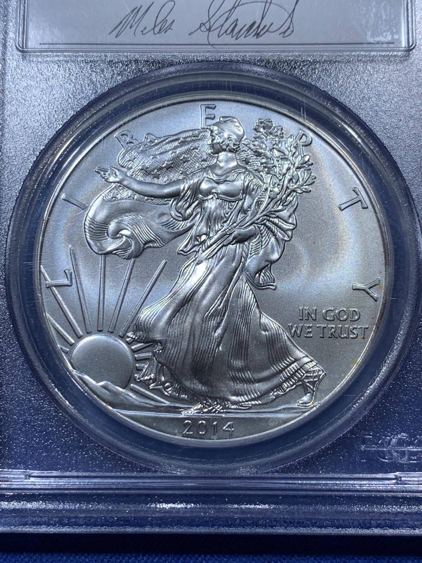《竞宝斋》第336场 周日，周一 2场连拍 （全场包邮） PCGS MS70 美国2014年自由女神银币，西点军校纪念版，满分70分，特标签字版，签字“迈尔斯·斯坦迪什”。