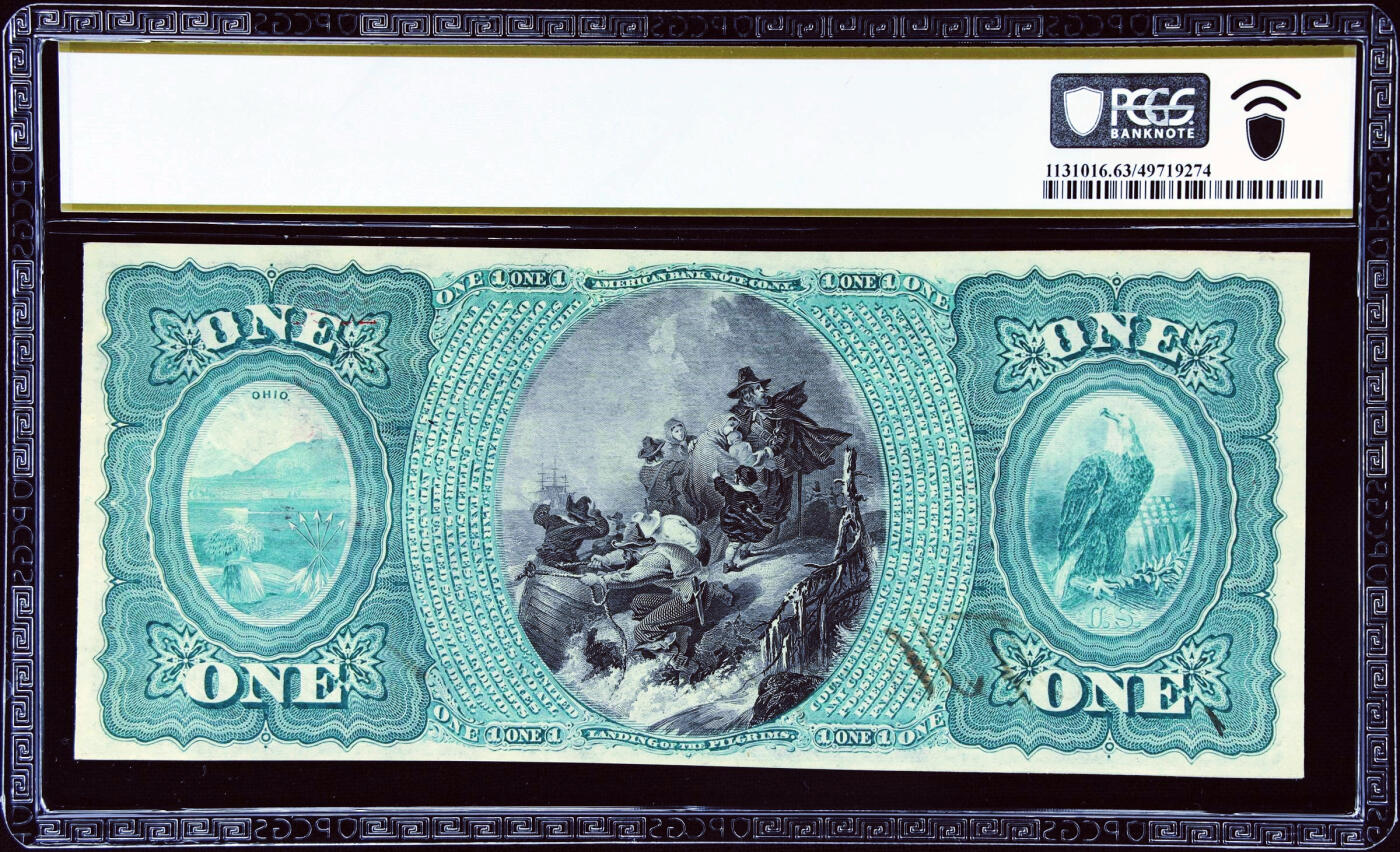 【Blue Auction】✨世界纸币精拍第594期【精】 【唯一冠军分 手签 好品少见  fr.380b早期签名】美国 第一国民银行Original （1863年 dates from 1865-1881年 归在1875这套）1美金 国民券  PCGS63EPQ 全新原票 正面名画《Concordia》两名少女在祭坛前 从正面鲜红色凹凸感极佳的压印到背面经典油画《朝圣者登陆》 该纸币的每个元素都非常出色 设计大胆独特 反映了一种已经消失的美学 值得收藏 