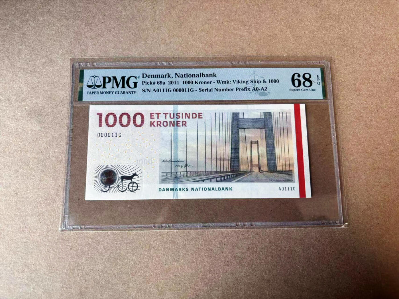 【Blue Auction】✨世界纸币精拍第594期【精】 【11小号 二进制号】丹麦 2011年1000克朗 PMG68EPQ 超高分