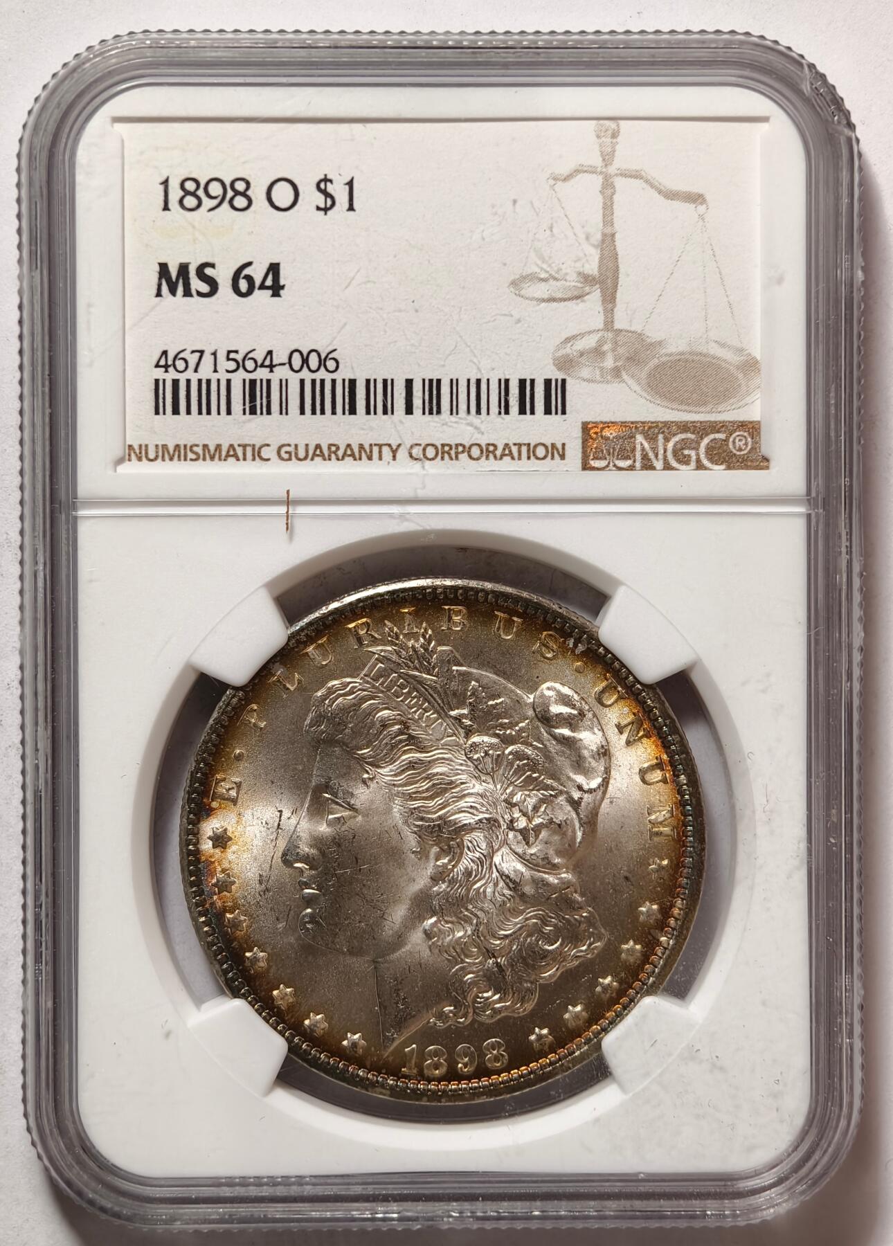 紫瑗钱币——第472期 美国 1898年 O版 摩根 大头妹1美元 银币 NGC MS64 略环彩