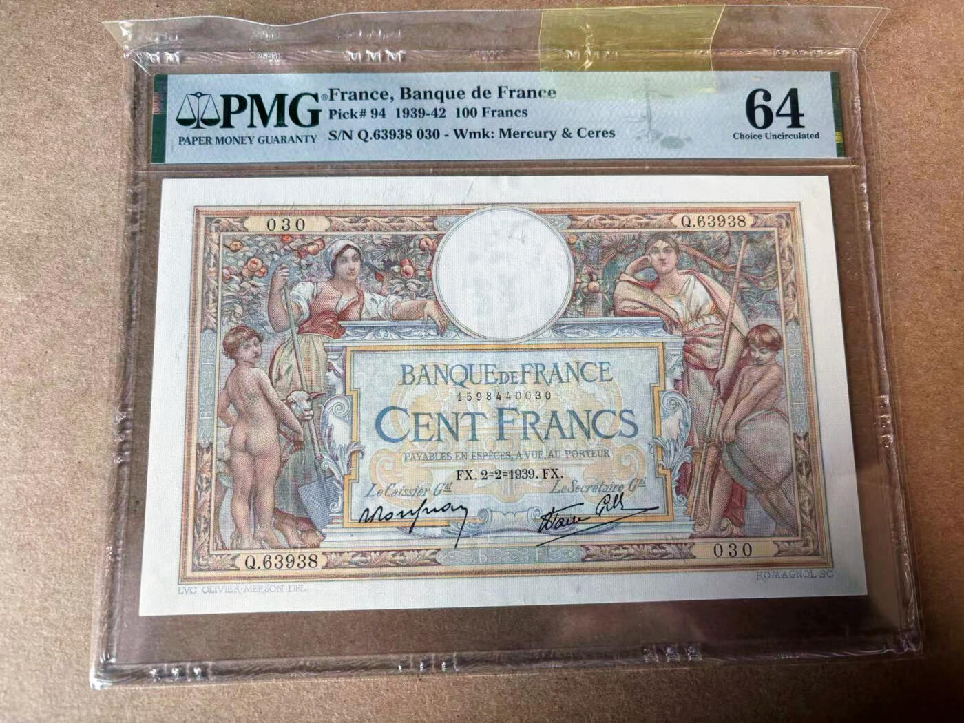 【Blue Auction】✨世界纸币精拍第594期【精】 【030小雷达】法国 1939年100法郎 果园 PMG64大票幅 