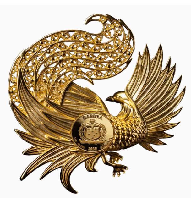 【海寧潮现货】 萨摩亚2025年掐丝工艺凤凰镀金异形2盎司纪念银币