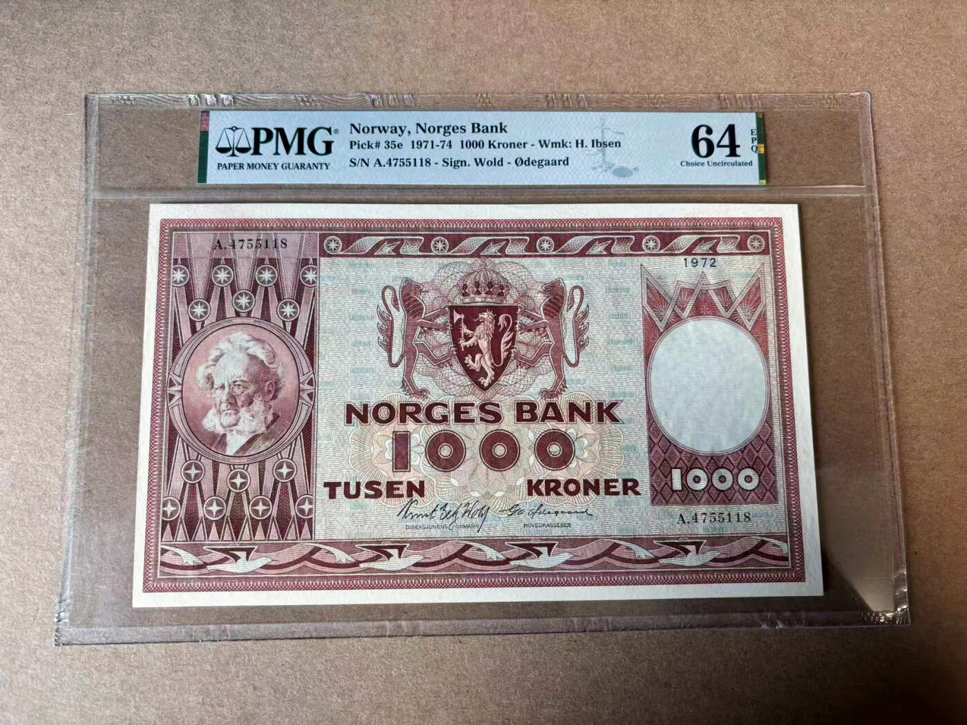 【Blue Auction】✨世界纸币精拍第594期【精】 挪威 1974年1000克朗 最高值 超大票幅 易卜生 背面经典名画 PMG64EPQ 备受追捧的品种