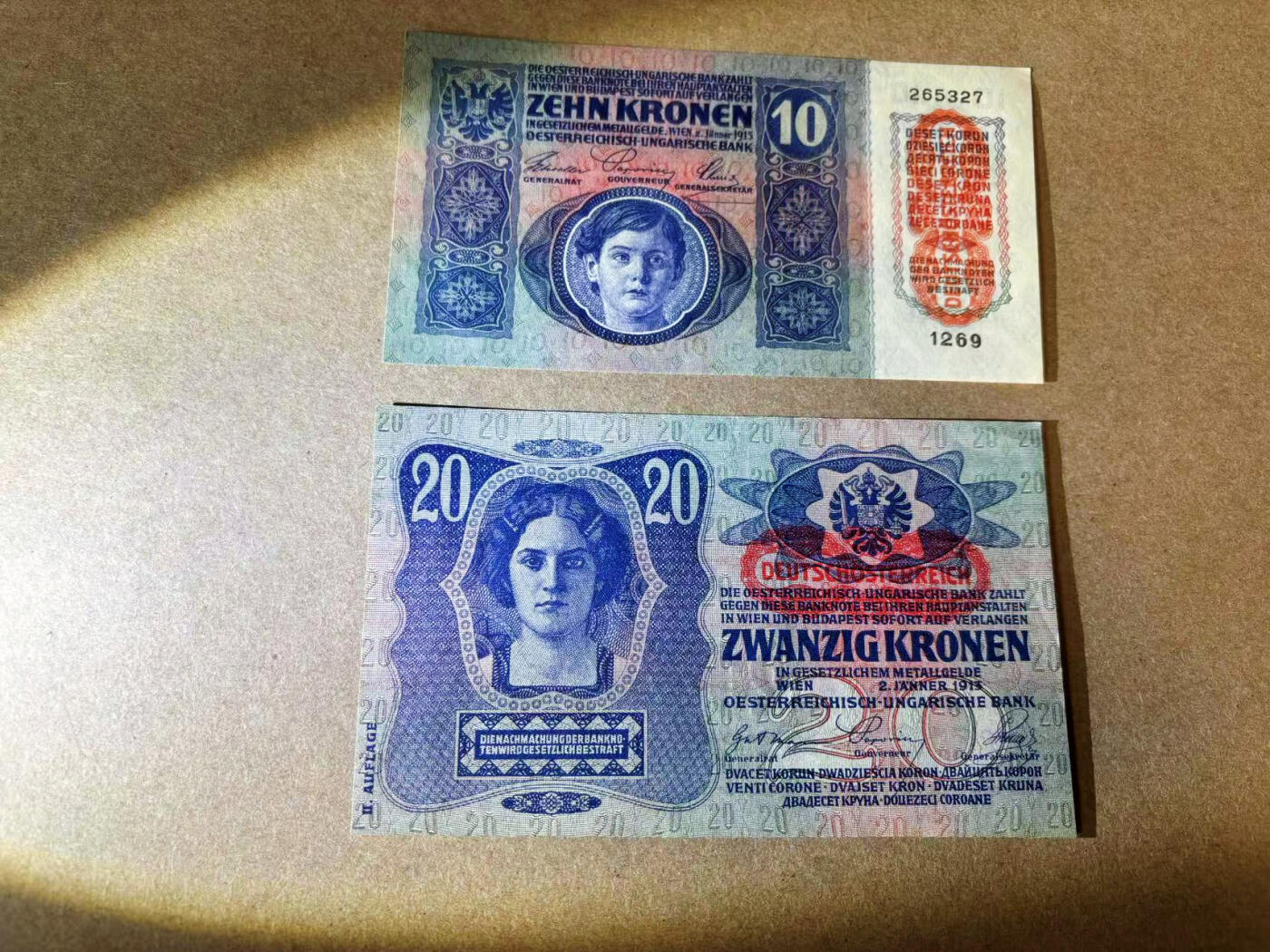 【Blue Auction】✨世界纸币精拍第594期【精】 【一组2张】奥地利早期 1913-15年10-20克朗 UNC-