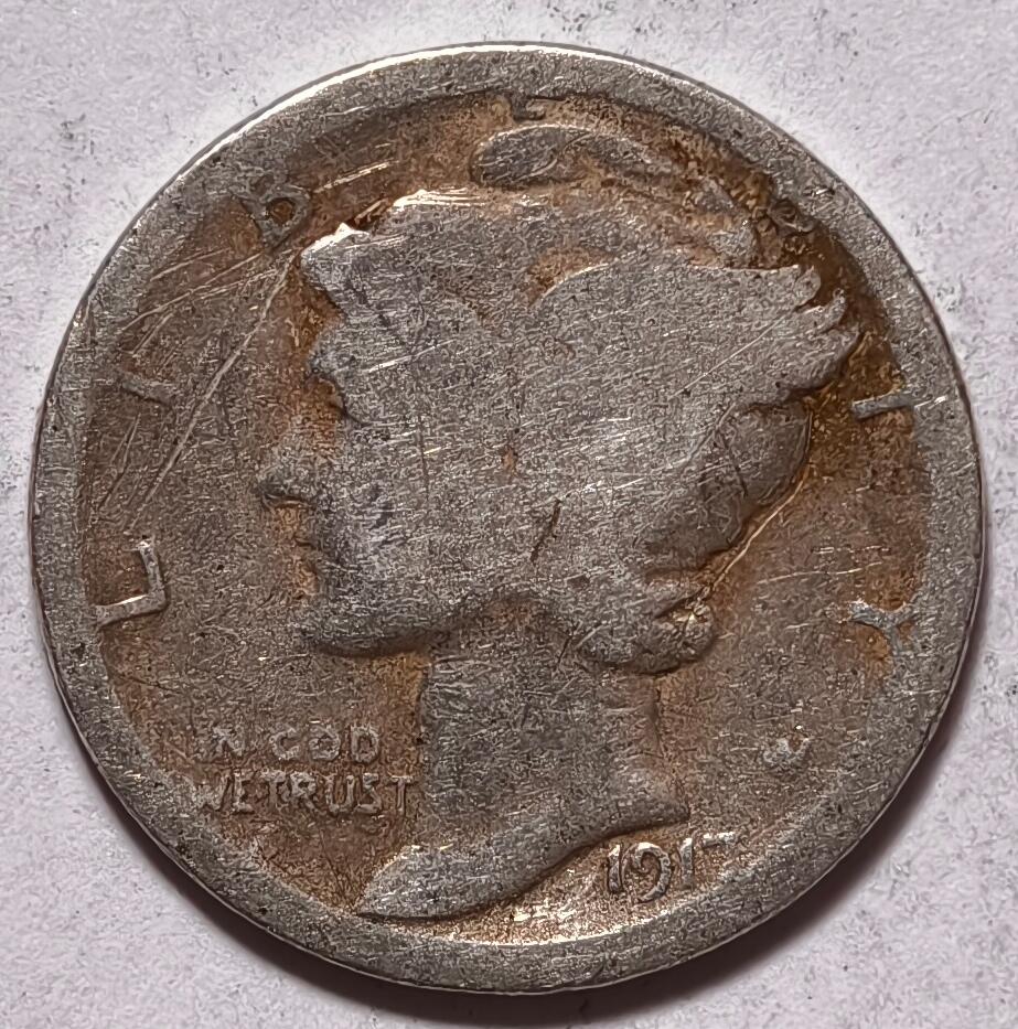 紫瑗钱币——第472期 美国 1917年 墨丘比利 小飞侠 10美分 2.5克 0.9银