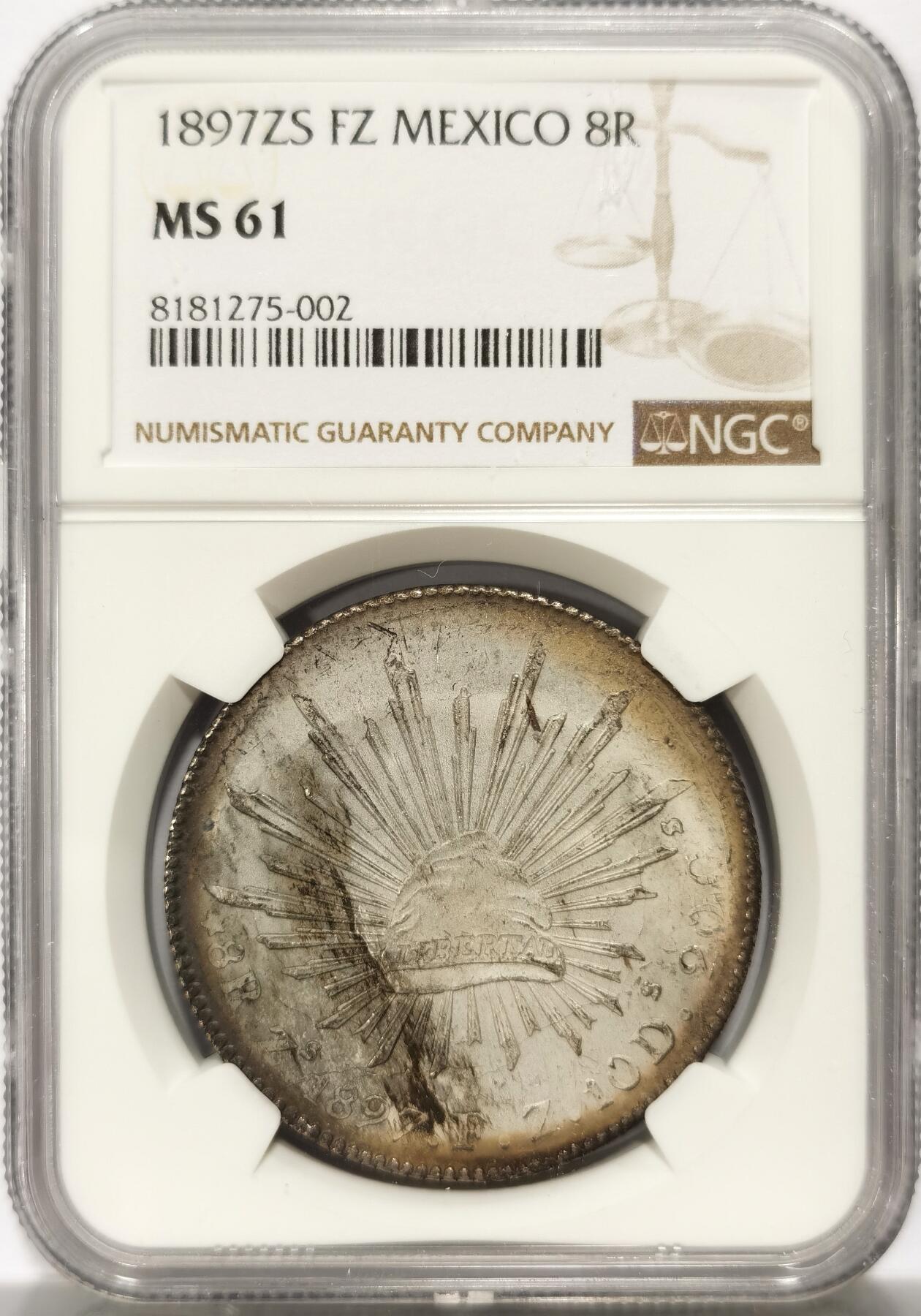 博洋堂世界钱币拍卖第106期（全场包邮） NGC MS61 墨西哥1897年ZS FZ版花边鹰洋，关门年份，完美窖藏五彩