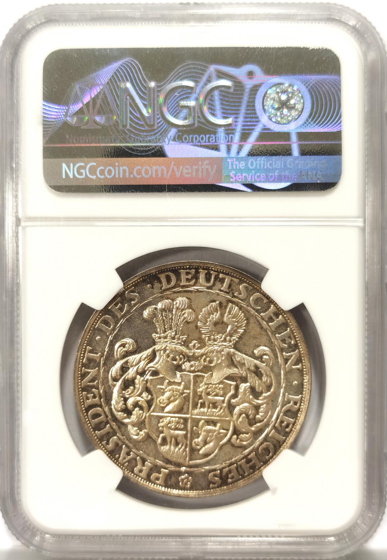 博洋堂世界钱币拍卖第103期（全场包邮） NGC MS62 德国1928年兴登堡5马克银章，伯恩哈特作品，发丝细节刻画极美，淡金色包浆（左脸）兴登堡稀少品