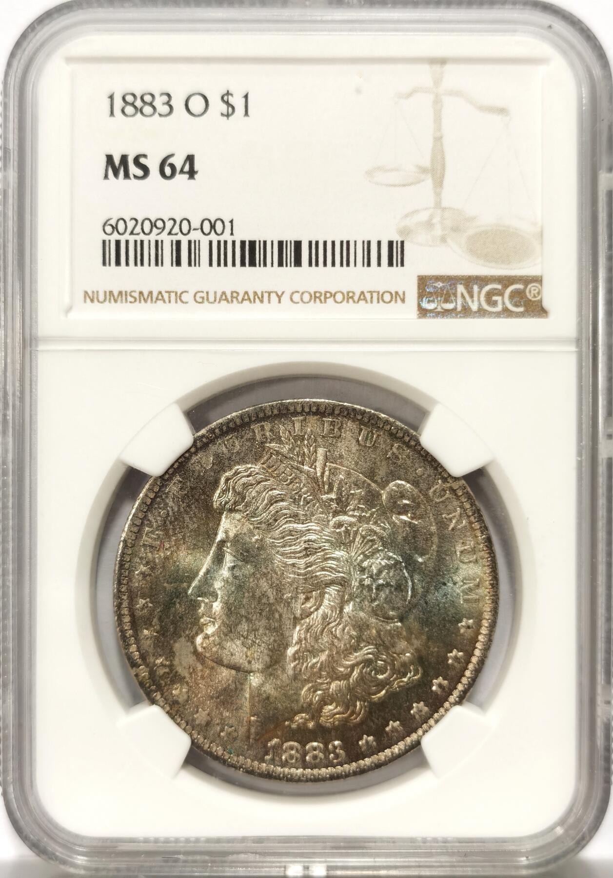 博洋堂世界钱币拍卖第103期（全场包邮） 1883年美国摩根银币O版NGC-MS64，原汁原味五彩包浆，包浆醇厚润泽又犀利，打制精美，卷首拆卷，状态一流。