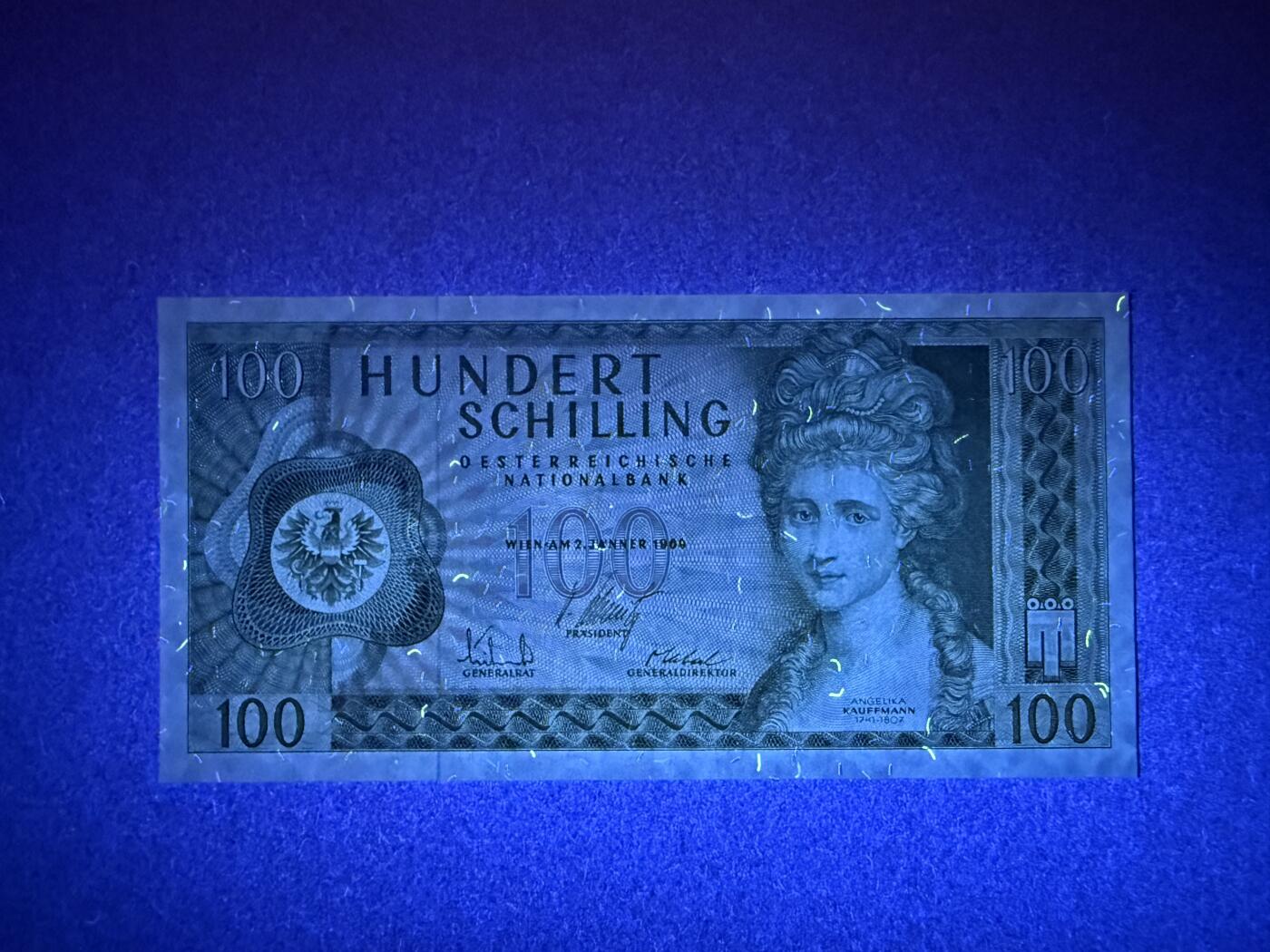 《张总收藏》179期-周日外币精品 奥地利100先令 UNC 1969年 瑞士女画家考夫曼 底部有一处荧光点 无47