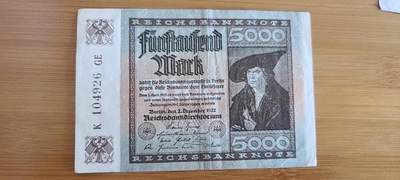 【币将精彩】纸币杂项拍卖（2026-4-27） 德国1922年5000马克纸币旧票品如图