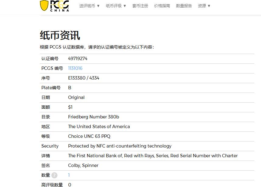 【Blue Auction】✨世界纸币精拍第594期【精】 【唯一冠军分 手签 好品少见  fr.380b早期签名】美国 第一国民银行Original （1863年 dates from 1865-1881年 归在1875这套）1美金 国民券  PCGS63EPQ 全新原票 正面名画《Concordia》两名少女在祭坛前 从正面鲜红色凹凸感极佳的压印到背面经典油画《朝圣者登陆》 该纸币的每个元素都非常出色 设计大胆独特 反映了一种已经消失的美学 值得收藏 