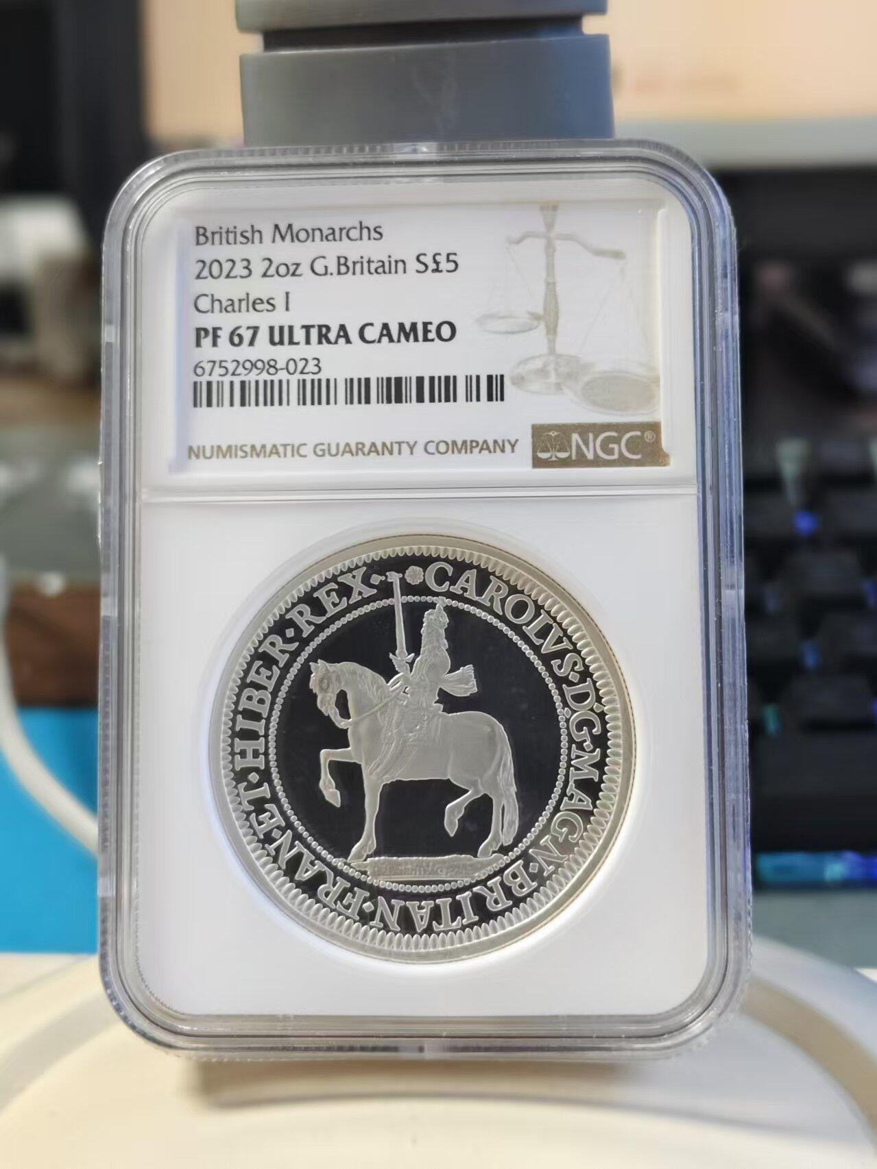 第168期拍卖【长期征集拍品】 英国2023年君主系列查尔斯一世2盎司精制纪念银币NGC-PF67原盒证书，999银，有氧化白点