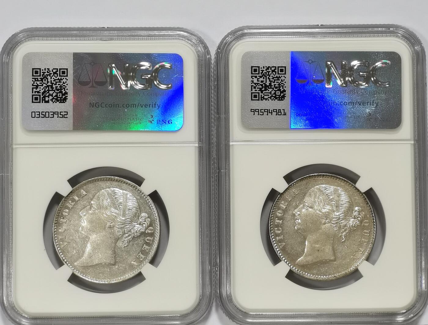 博洋堂世界钱币拍卖第103期（全场包邮） NGC AU58 英属东印度公司1840年维多利亚双辫版1卢比银币2枚一对2