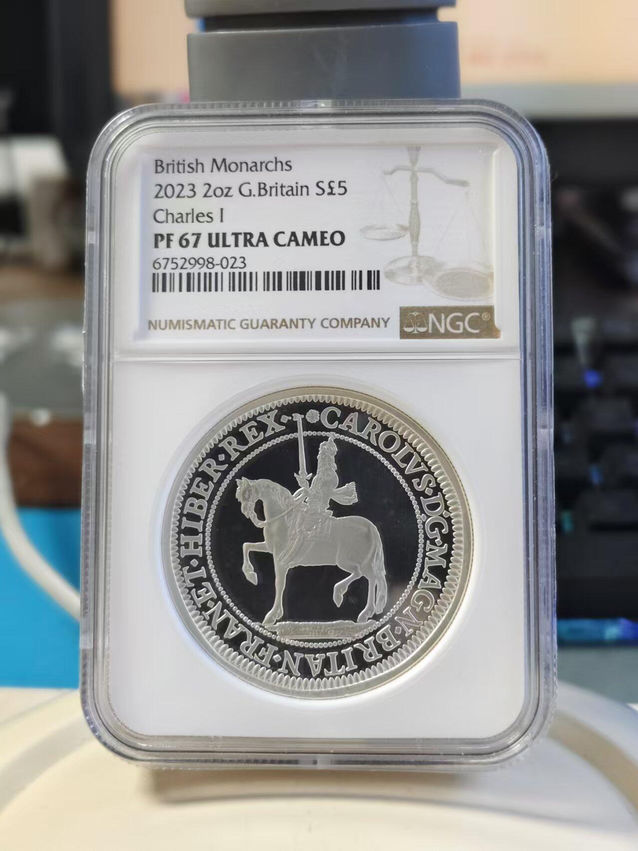 第168期拍卖【长期征集拍品】 英国2023年君主系列查尔斯一世2盎司精制纪念银币NGC-PF67原盒证书，999银，有氧化白点