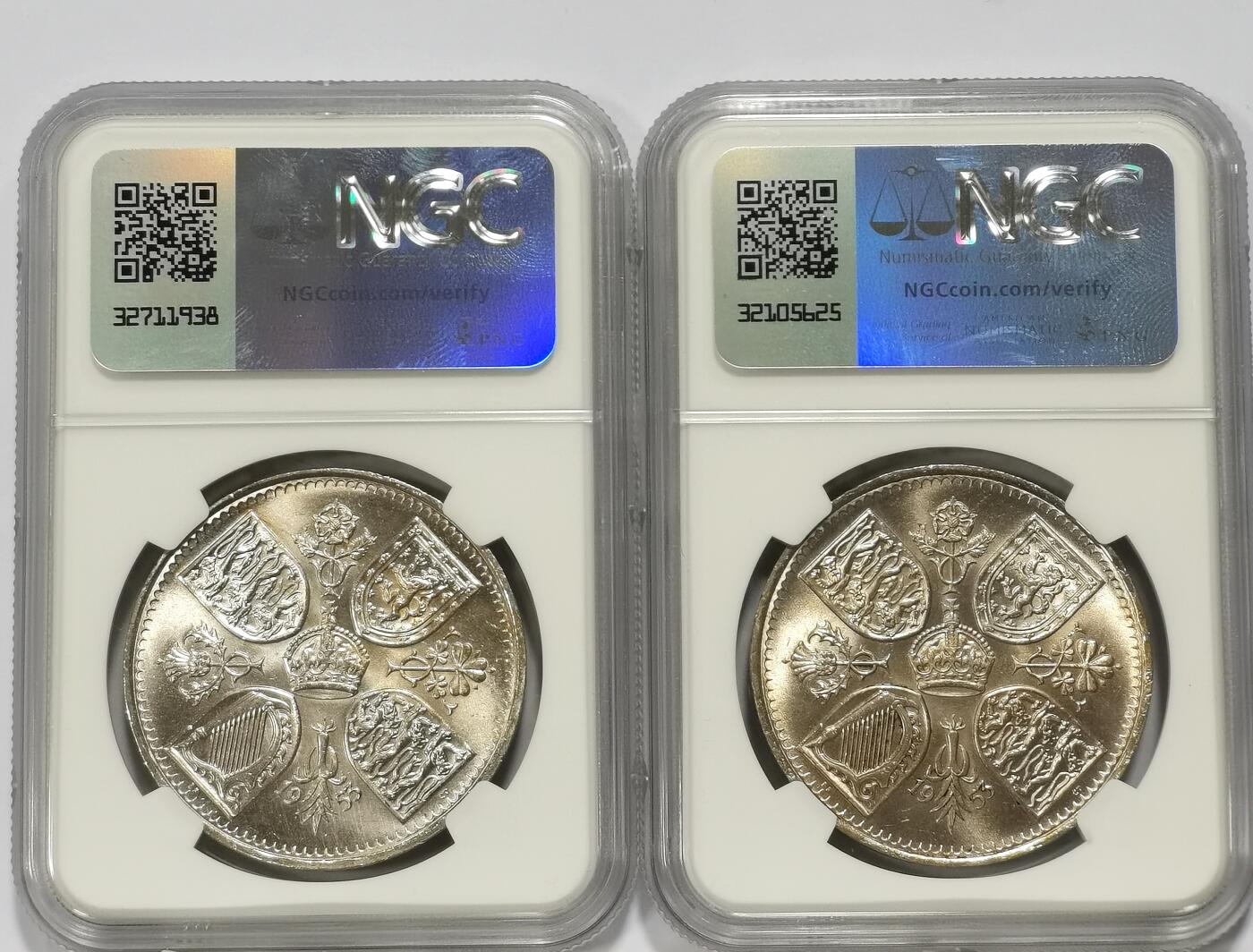 博洋堂世界钱币拍卖第103期（全场包邮） NGC MS64 英国1953年伊丽莎白二世登基纪念克朗2枚一对