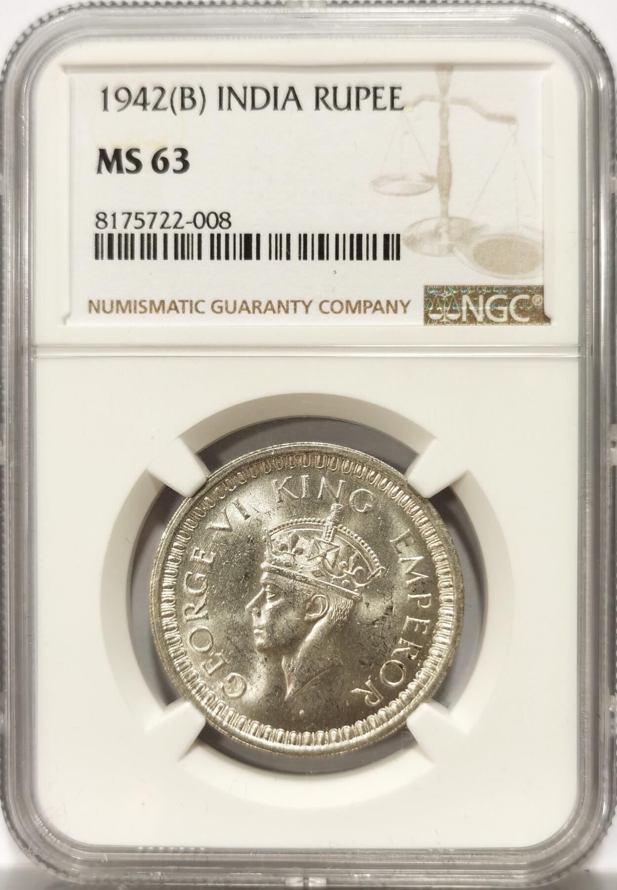 博洋堂世界钱币拍卖第103期（全场包邮） NGC MS63 英属印度1942年B版乔治六世1卢比银币，BU原卷