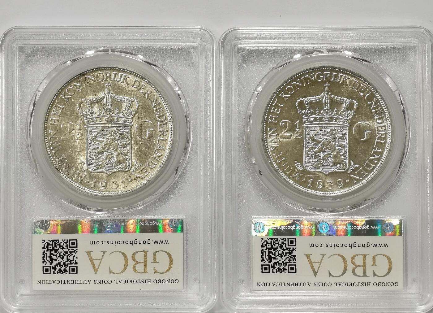 博洋堂世界钱币拍卖第103期（全场包邮） 公博 MS64+ 荷兰1931、1939年威廉敏娜女王2.5盾银币2枚一对