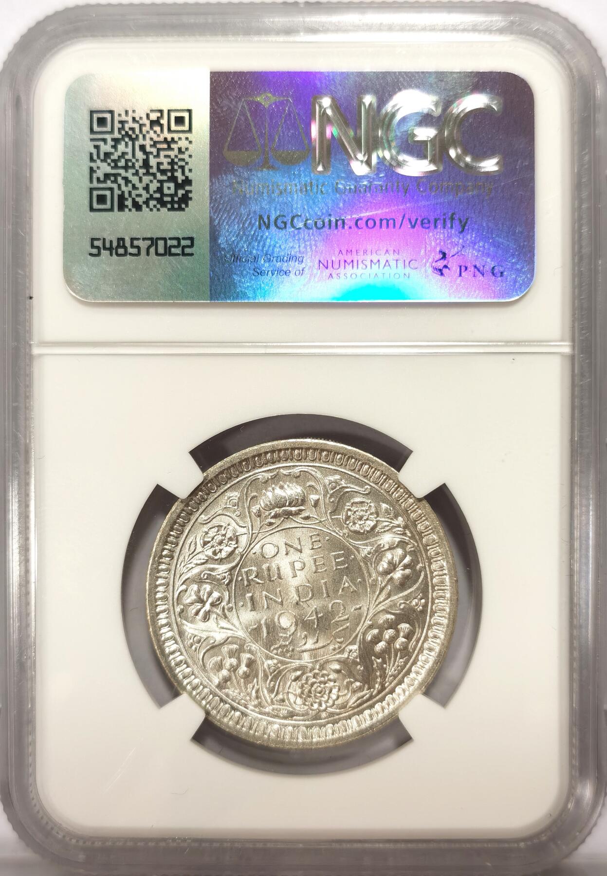 博洋堂世界钱币拍卖第103期（全场包邮） NGC MS63 英属印度1942年B版乔治六世1卢比银币，BU原卷