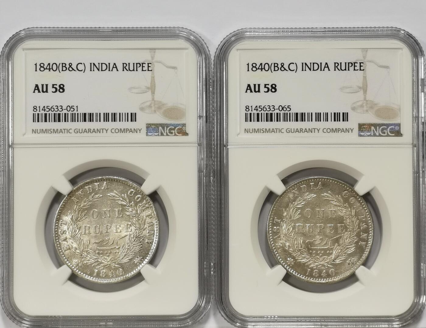 博洋堂世界钱币拍卖第103期（全场包邮） NGC AU58 英属东印度公司1840年维多利亚双辫版1卢比银币2枚一对2