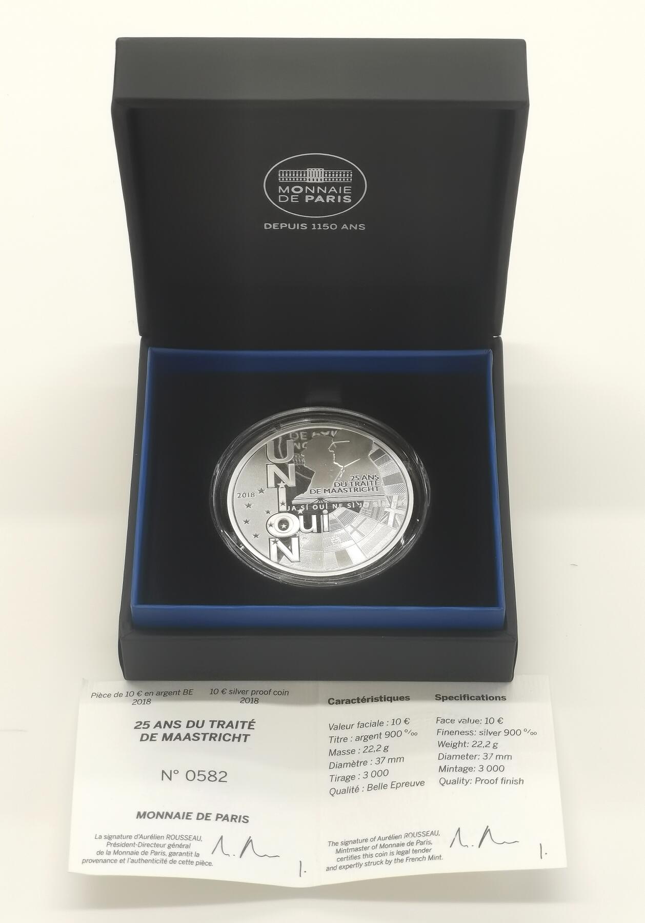 博洋堂世界钱币拍卖第103期（全场包邮） 法国2018年马斯特里赫特条约签订25周年10欧元精制纪念银币，22.2克900银，37mm，发行量3000枚，原盒证
