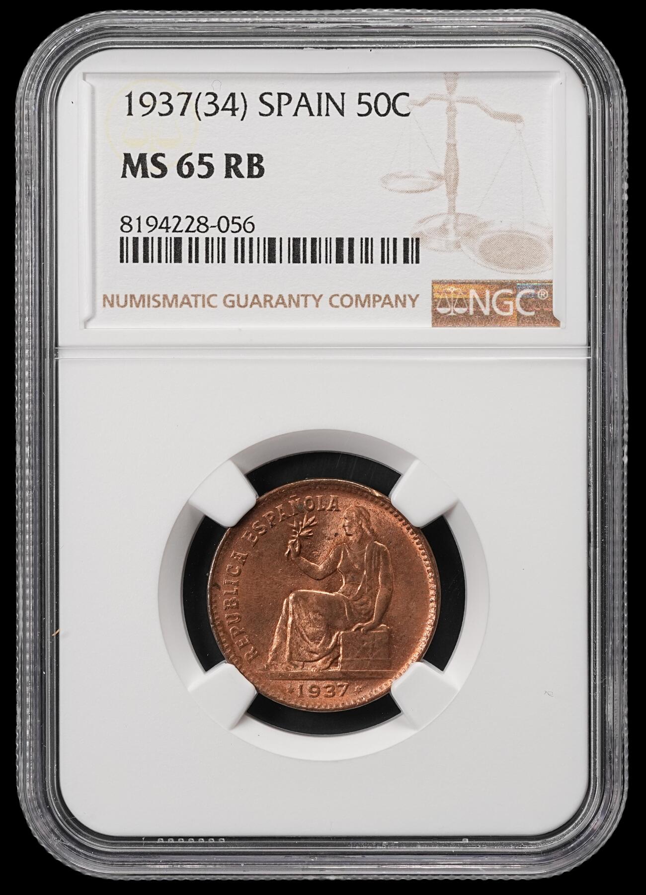 修遠堂世界钱币第五十期 全场包邮 NGC MS65RB 1937（34）年西班牙50分铜币