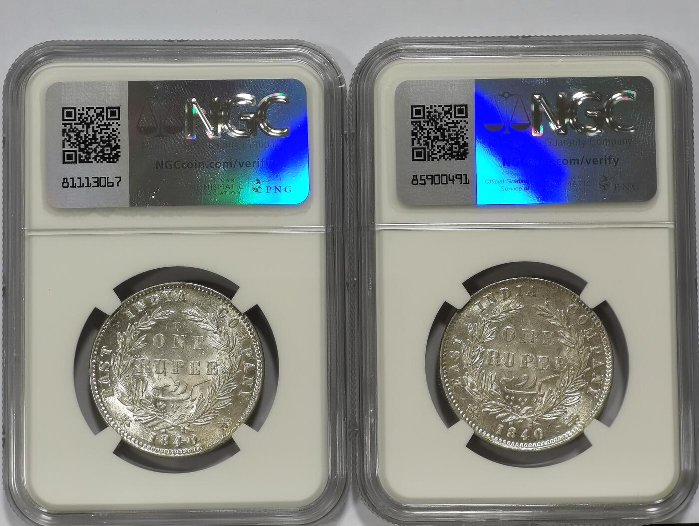 博洋堂世界钱币拍卖第103期（全场包邮） NGC AU58 英属东印度公司1840年维多利亚双辫版1卢比银币2枚一对1