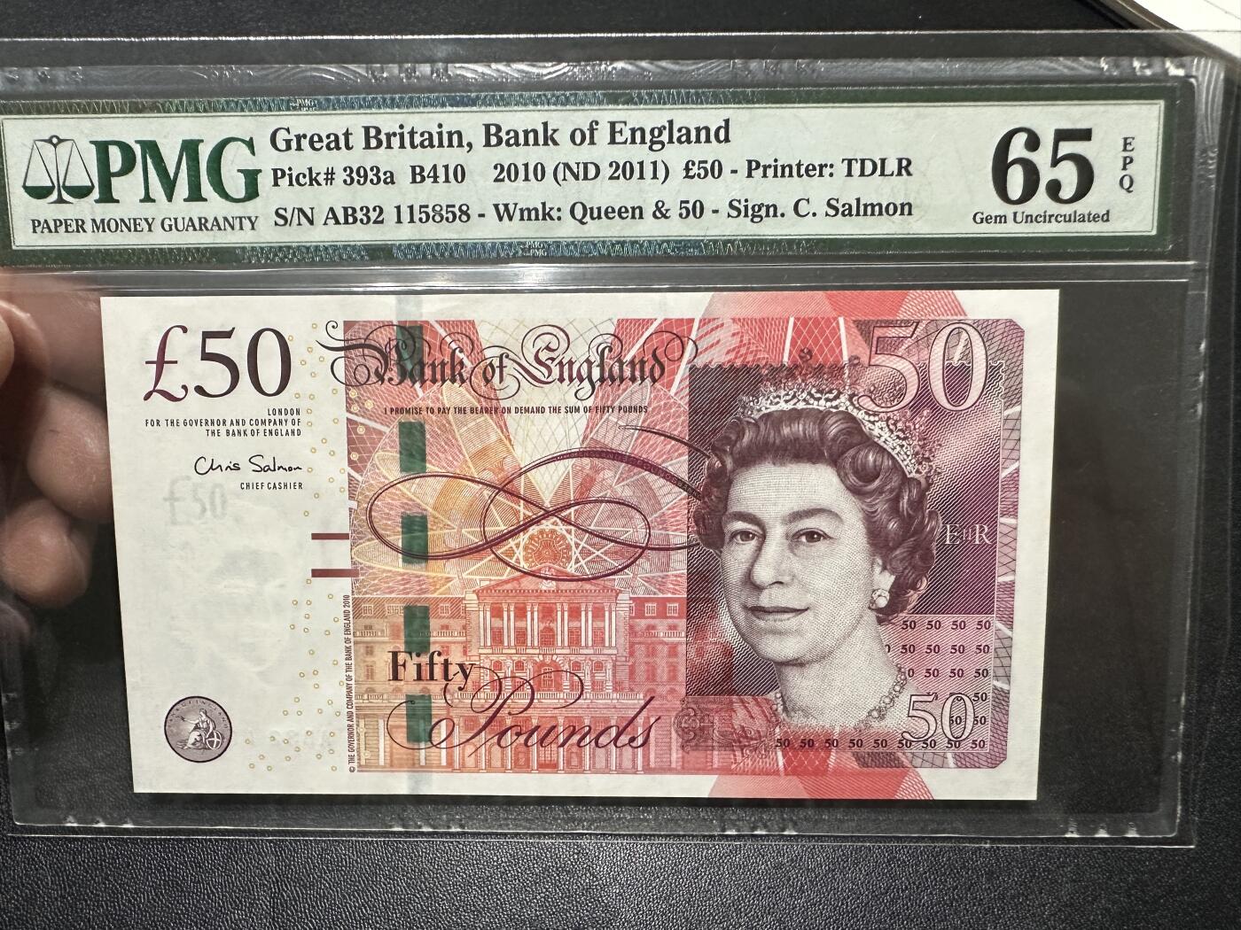 《外钞收藏家》第四百五十三期 2010年英国F序列50先令 PMG65 无47 尾8 靓号