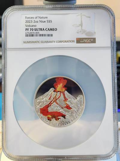 第168期拍卖【长期征集拍品】 - 纽埃2023年自然的力量-火山5元彩色精制纪念银币NGC-PF70原盒证书，2盎司，999银，发行量750枚