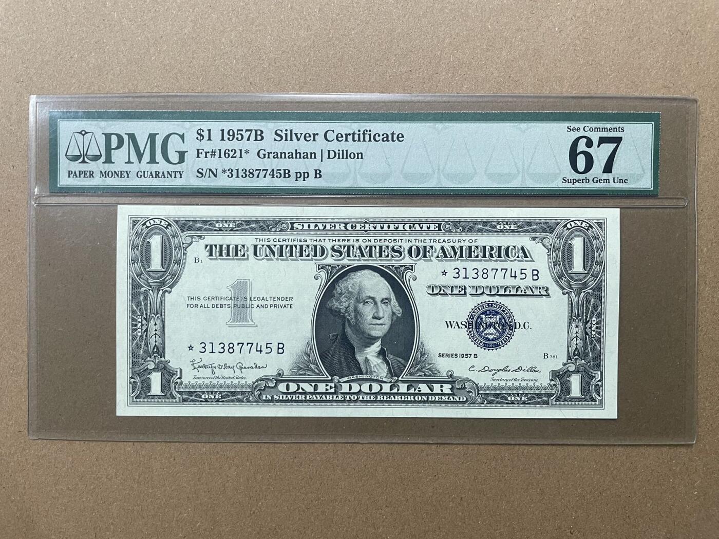 美国1957年B版白银券1元补号 星补 PMG67EPQ Superb Gem Unc品相
