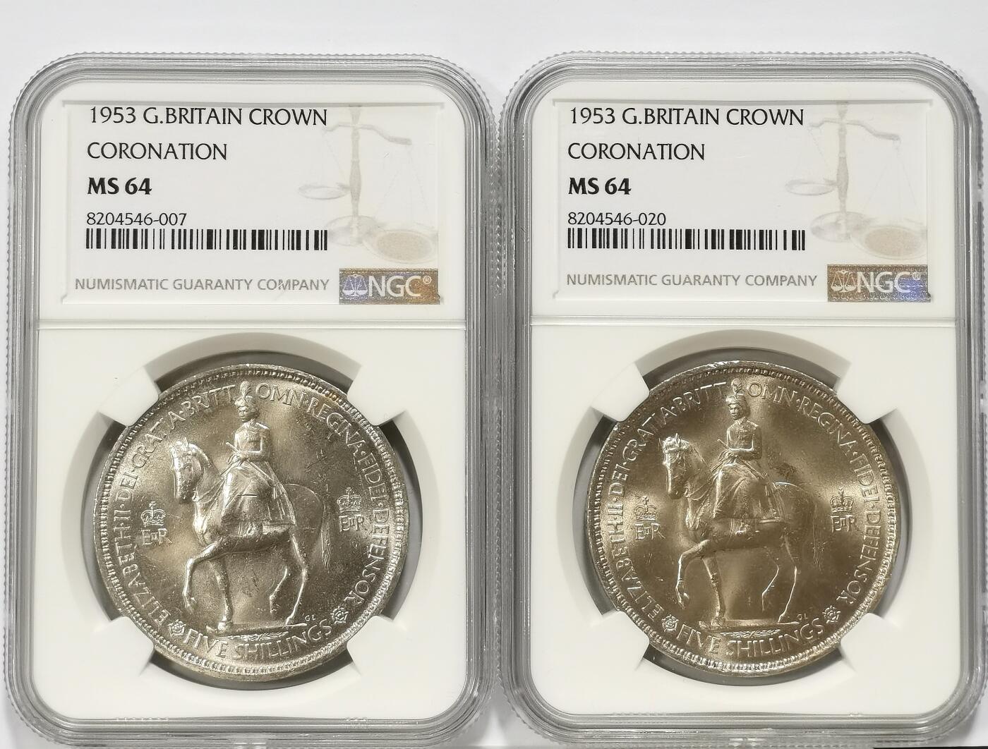 博洋堂世界钱币拍卖第103期（全场包邮） NGC MS64 英国1953年伊丽莎白二世登基纪念克朗2枚一对