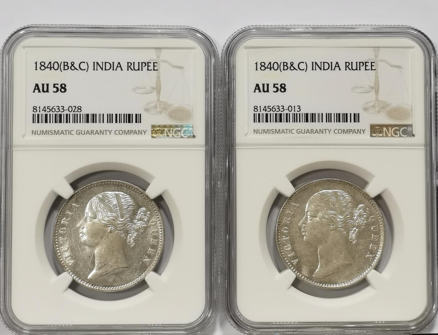 博洋堂世界钱币拍卖第103期（全场包邮） NGC AU58 英属东印度公司1840年维多利亚双辫版1卢比银币2枚一对1