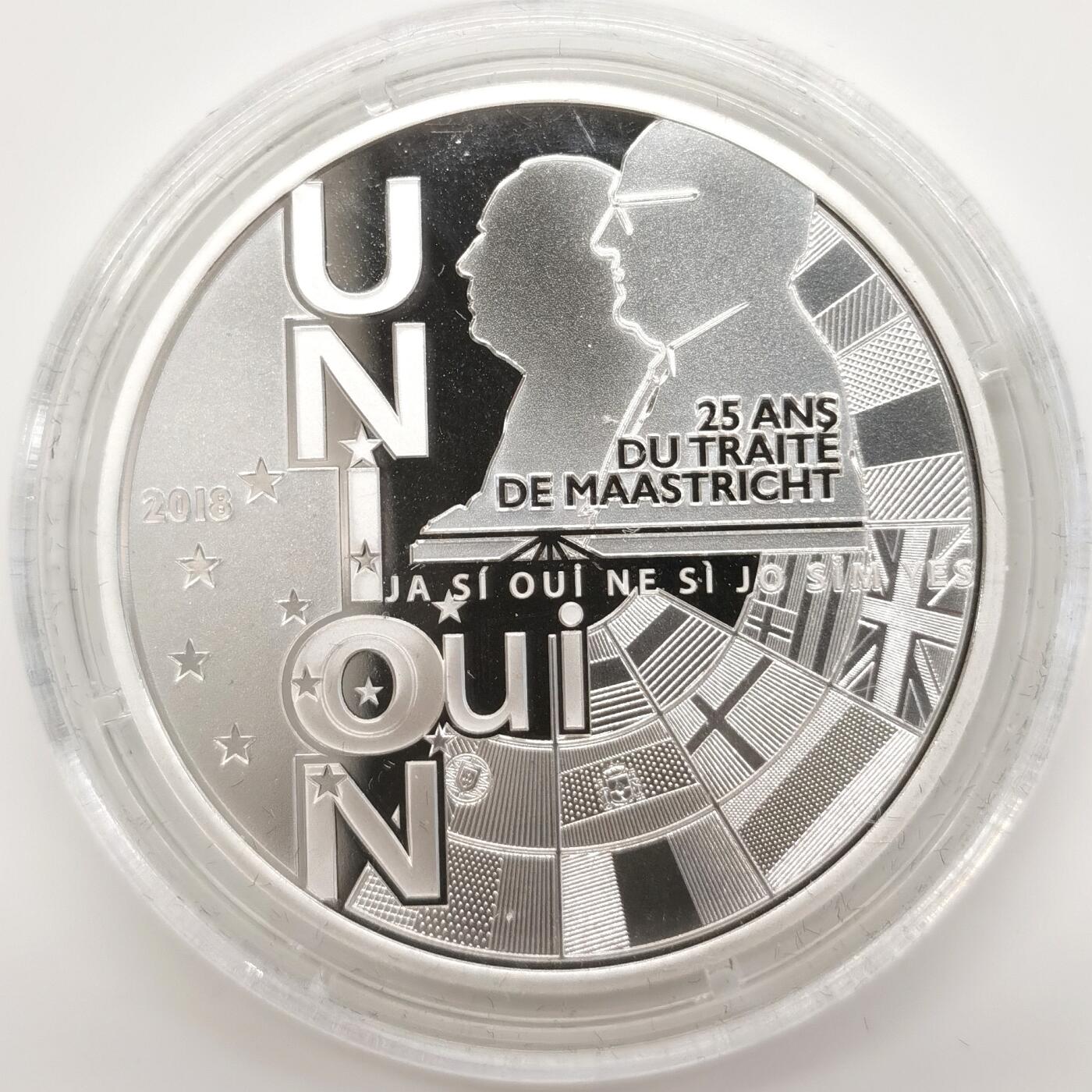 博洋堂世界钱币拍卖第103期（全场包邮） 法国2018年马斯特里赫特条约签订25周年10欧元精制纪念银币，22.2克900银，37mm，发行量3000枚，原盒证