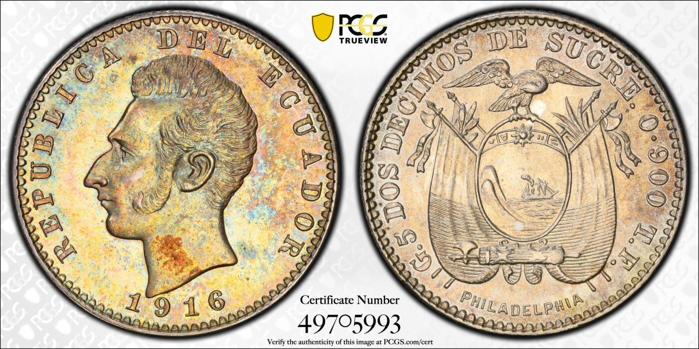 博洋堂世界钱币拍卖第103期（全场包邮） PCGS MS64 厄瓜多尔1916年2DECIMO银币，费城造币厂标，五彩包浆，盒子背面有一处小磕