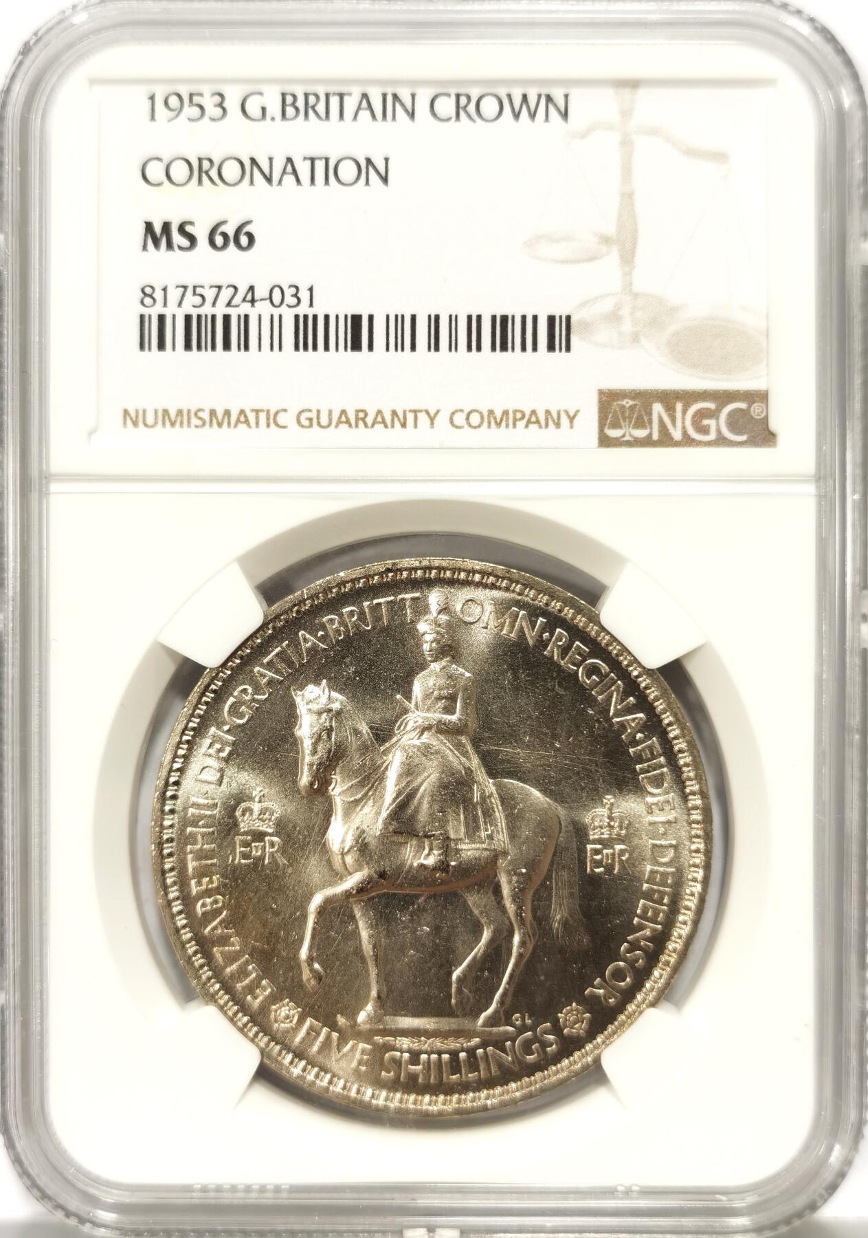 博洋堂世界钱币拍卖第103期（全场包邮） NGC MS66 英国1953年伊丽莎白二世登基纪念克朗，少见高分