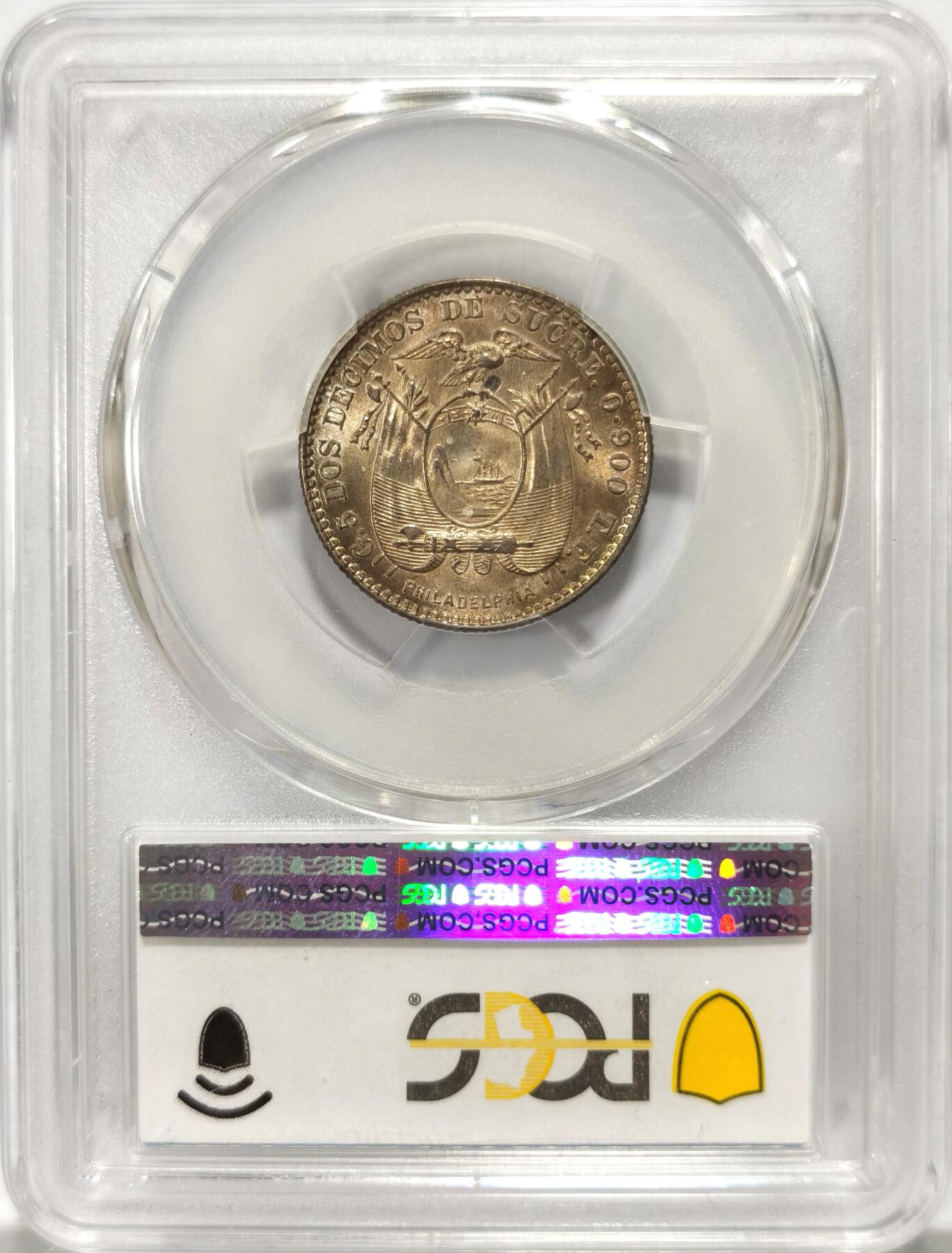 博洋堂世界钱币拍卖第103期（全场包邮） PCGS MS64 厄瓜多尔1916年2DECIMO银币，费城造币厂标，五彩包浆，盒子背面有一处小磕