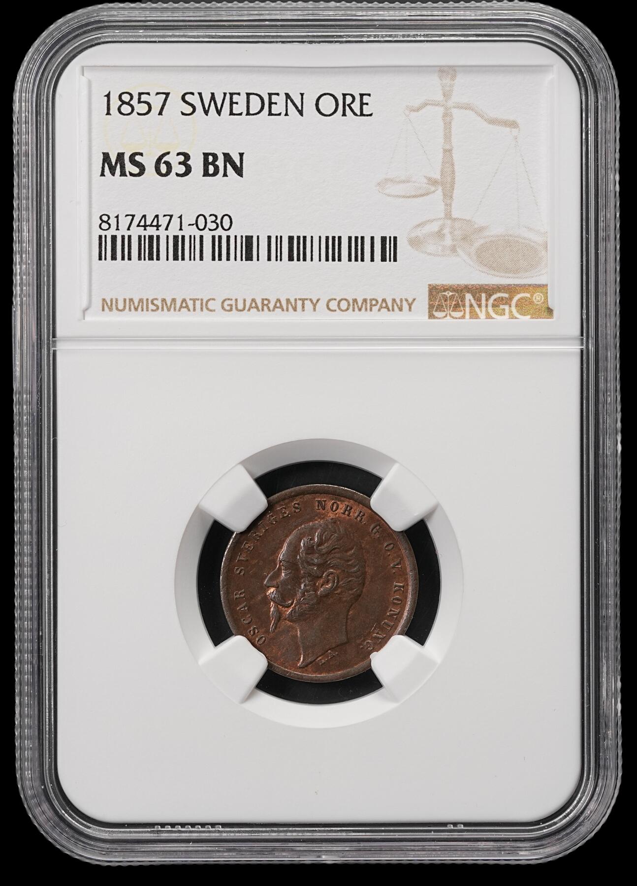修遠堂世界钱币第五十期 全场包邮 NGC MS63BN 1857年瑞典1欧尔铜币