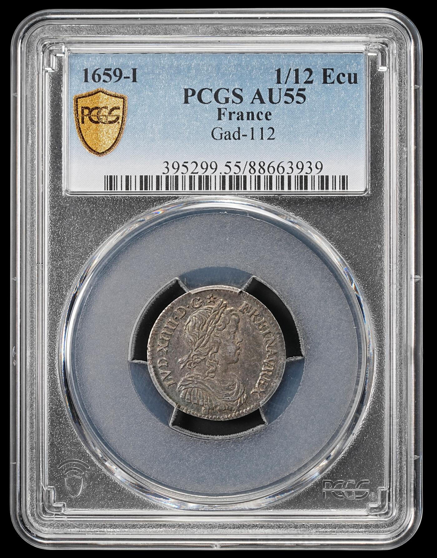修遠堂世界钱币第五十期 全场包邮 PCGS AU55 1659年法国路易十四少年头像1/12埃居银币 I厂铭 少见的厂铭 PCGS冠军分 书价XF品475美金