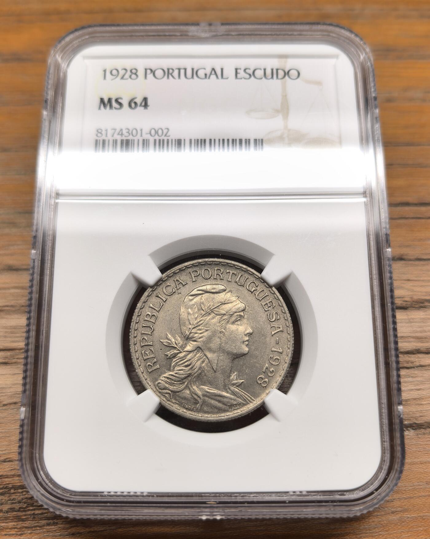 凡希社世界钱币微拍第二百九十三期 1928葡萄牙女神版ESCUDO NGC-MS64，早期年份，MS绝对罕见，书价高。