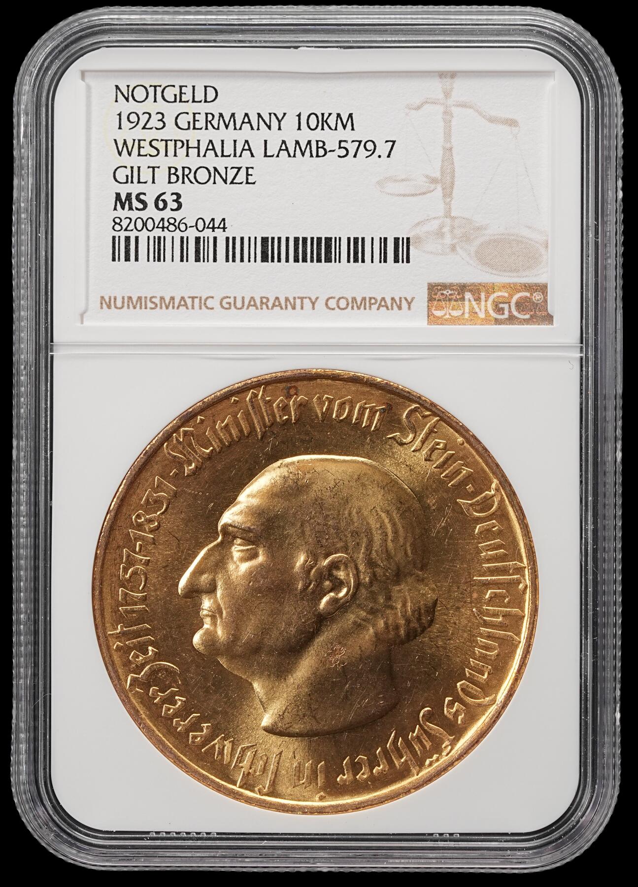 修遠堂世界钱币第五十期 全场包邮 NGC MS63 1923年德国紧急时期威斯特法伦鎏金1万马克大马币