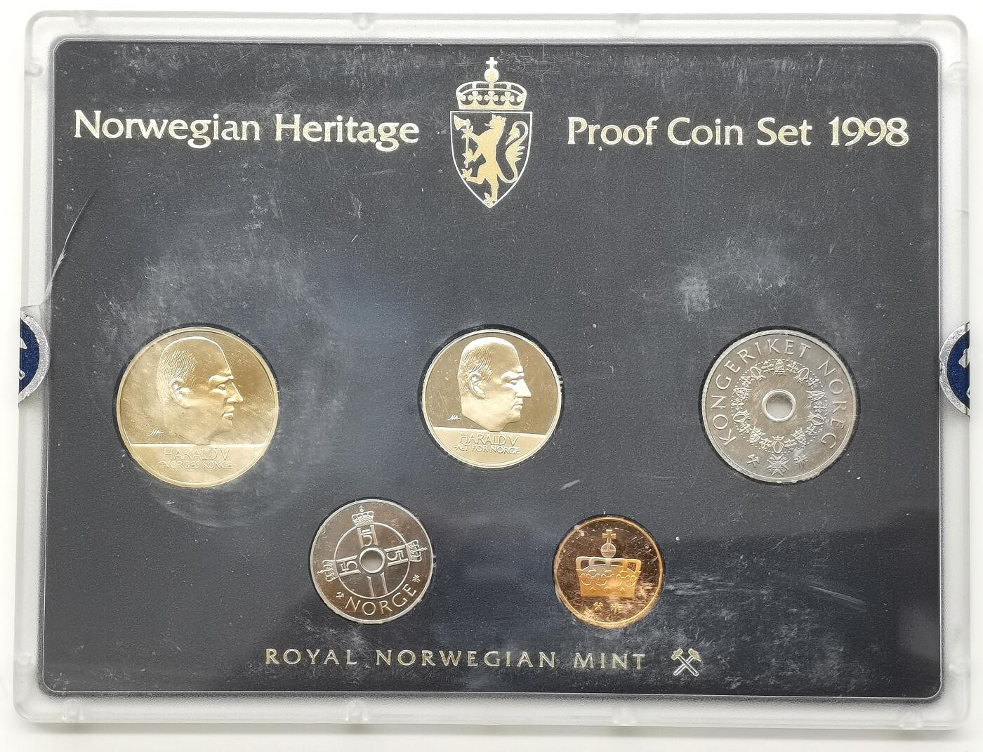 博洋堂世界钱币拍卖第103期（全场包邮） 挪威1998年5枚精制币套装+1枚银章，盒证全，heritage版，少见