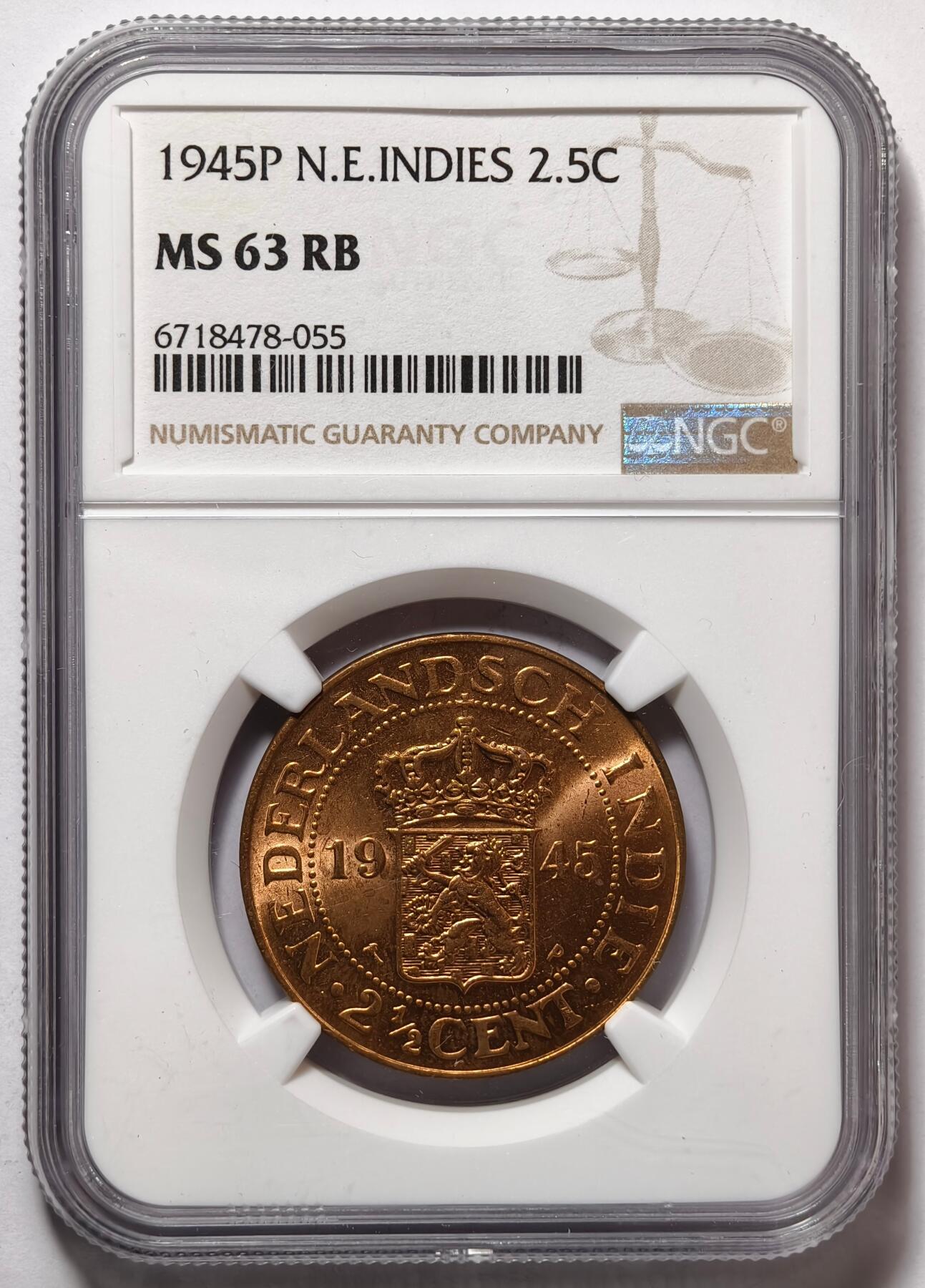 紫瑗钱币——第476期 荷属东印度 1945年 P版 2.5分 铜币 NGC MS63 RB