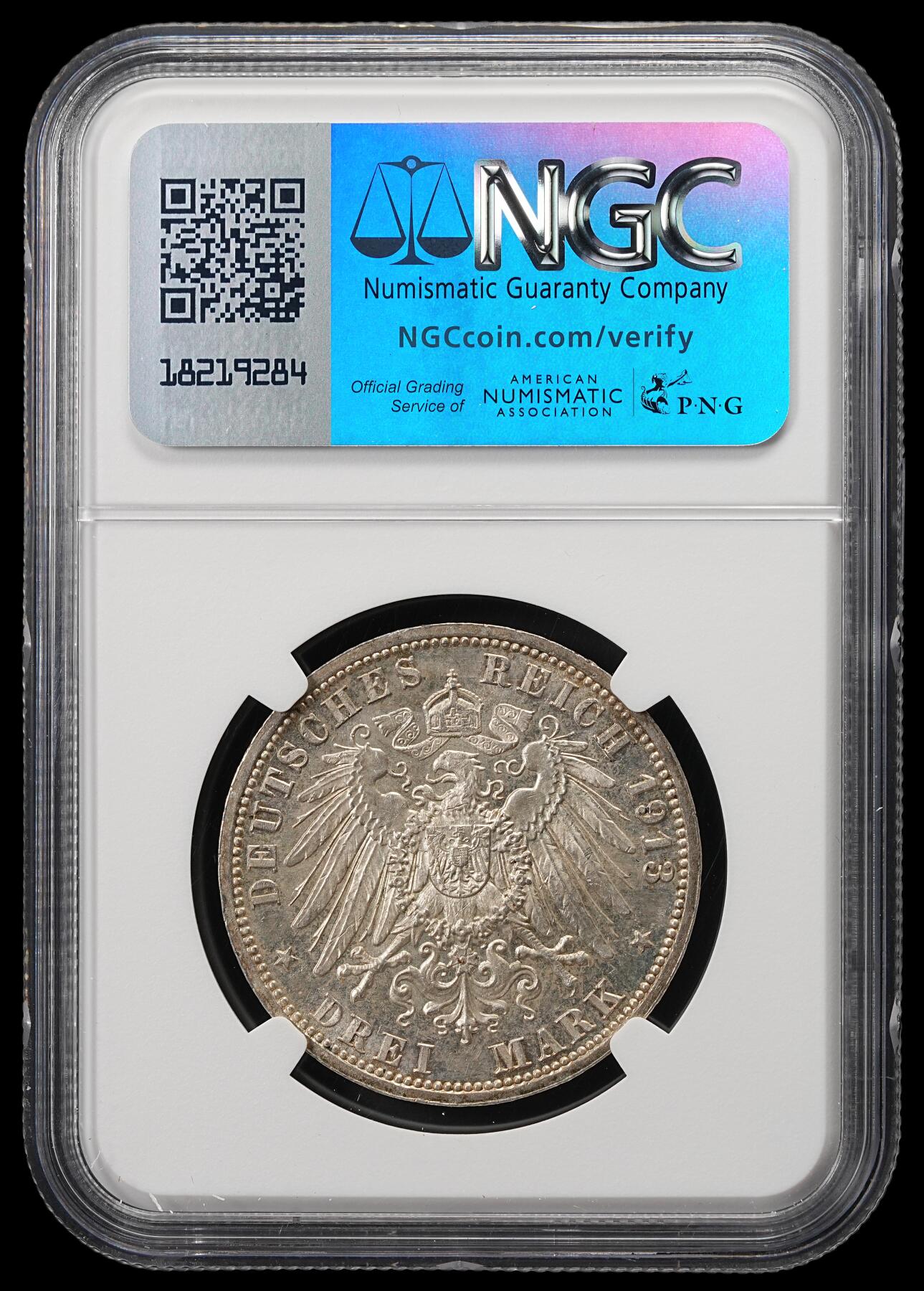 修遠堂世界钱币第五十期 全场包邮 NGC MS61 1913年普鲁士威廉二世登基25周年纪念3马克银币