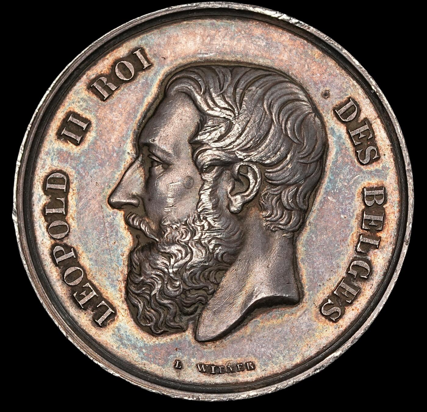 修遠堂世界钱币第五十期 全场包邮 1884年比利时银章 五彩 38mm，19.50g