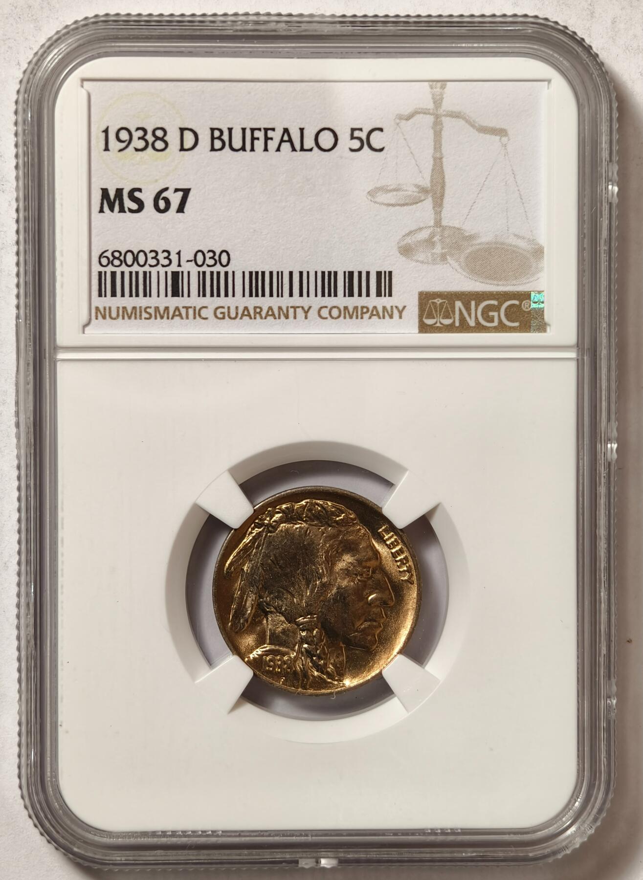 紫瑗钱币——第468期 美国 1938年 D版 野牛 5美分 铜镍合金 NGC MS67 高分