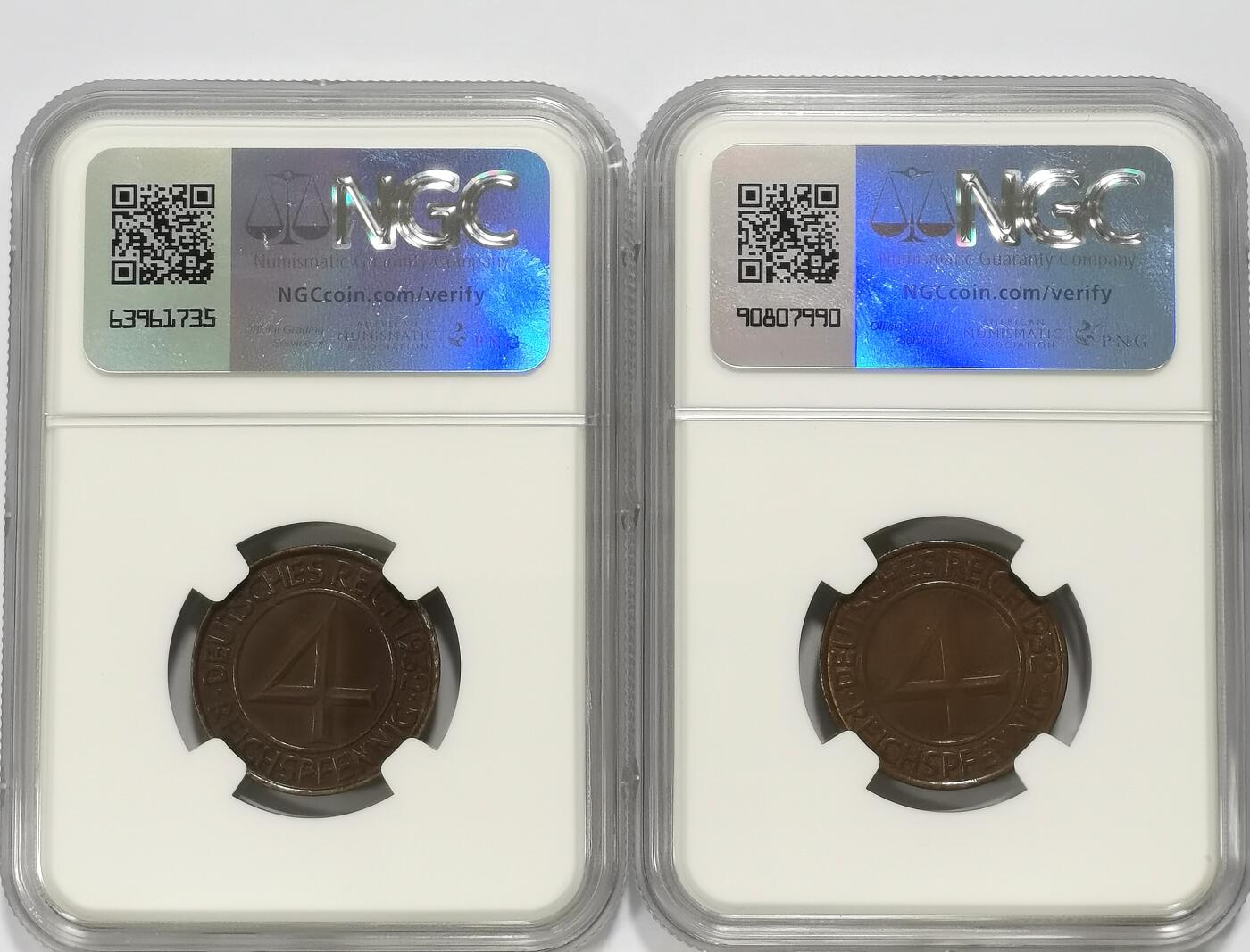 博洋堂世界钱币拍卖第103期（全场包邮） NGC AU58/MS62BN 德国魏玛共和国1932年4芬尼2枚一对