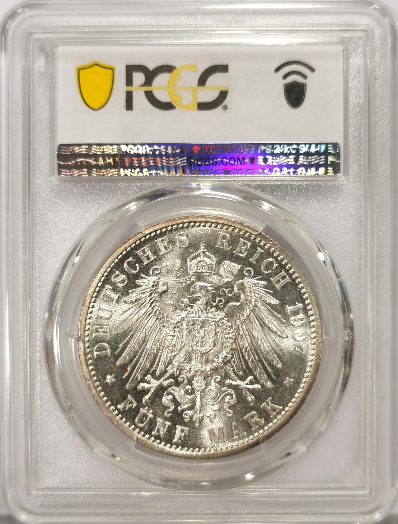 博洋堂世界钱币拍卖第103期（全场包邮） PCGS MS64 德国巴登1907年国王逝世5马克银币，粉光，少见的高分品种。