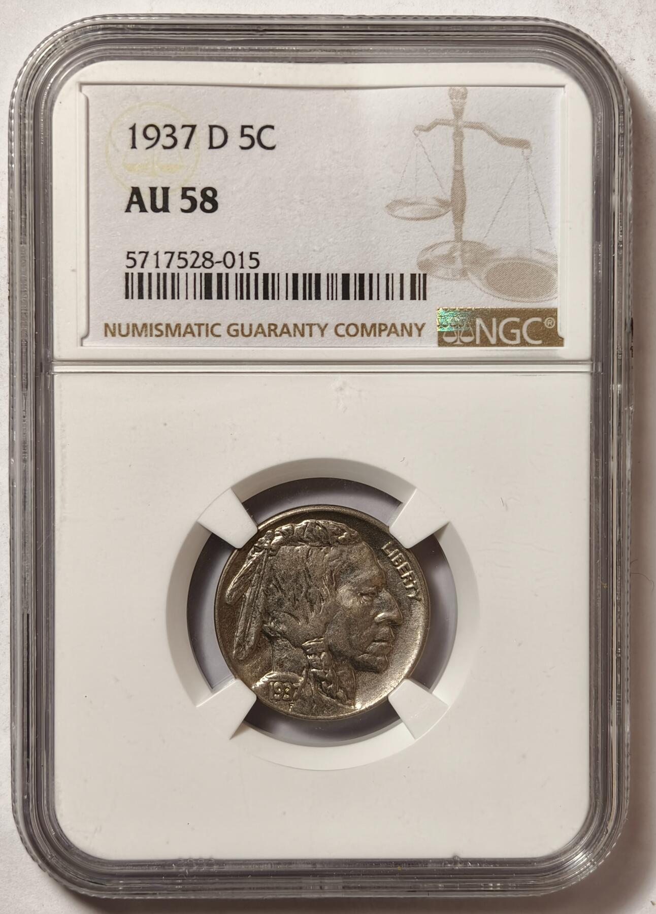 紫瑗钱币——第468期 美国 1937年 D版 野牛 5美分  铜镍合金 NGC AU58