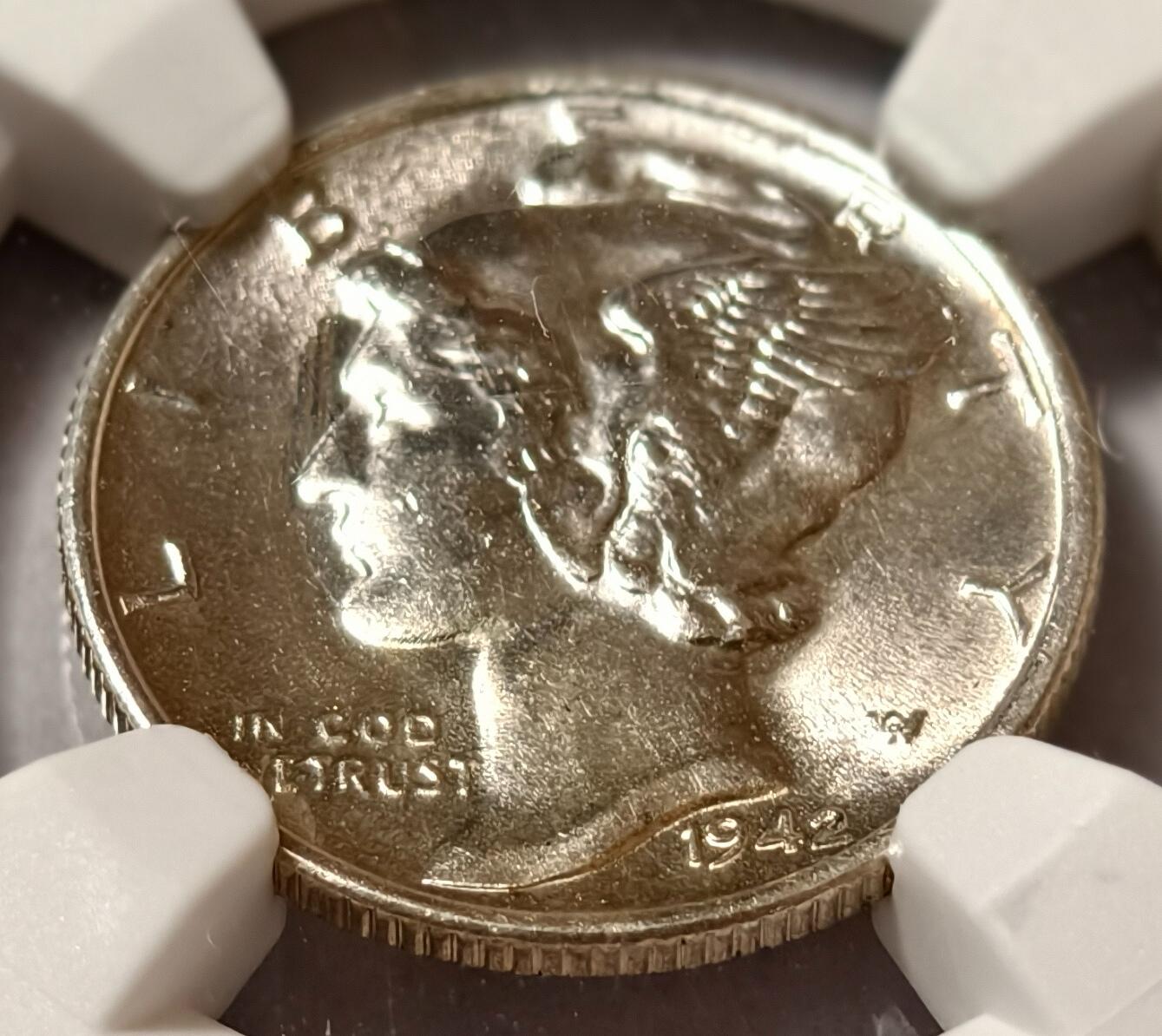 紫瑗钱币——第468期 美国 1942年 S版 墨丘比利 小飞侠 10美分 2.5克 0.9银 NGC MS64